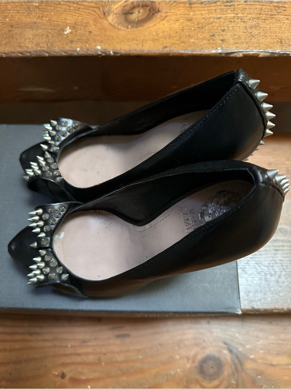 Vince Camuto Black Pointed Toe Pumps with Studded Bow and Studded heel. - Picture 3 of 9